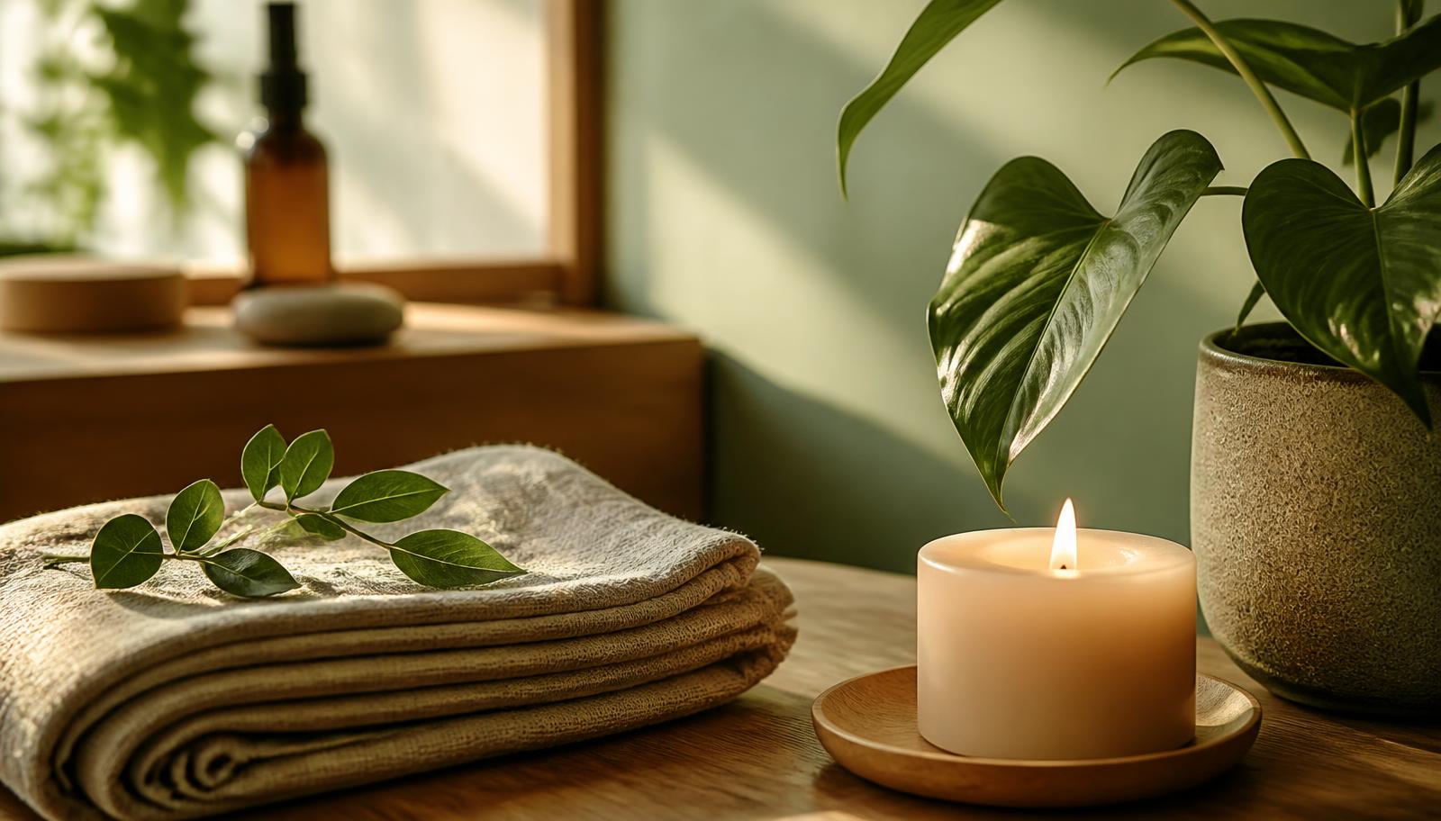 Ambiance sereine du cabinet de Luxopuncture® : bougie, plante verte et linge naturel